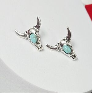 Silver Bull Skull Earrings Turquoise Accent Western Revival Stud Desert Cowgirl